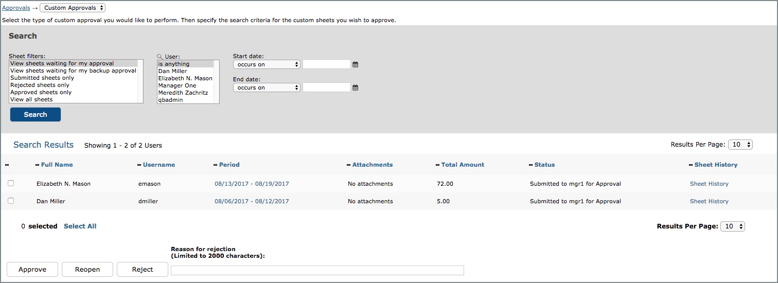 Approving Custom Entry Sheets