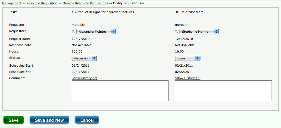 Resource Requisition compare and modify
