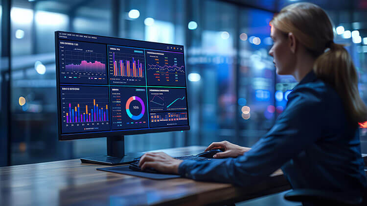 Woman in office at desk looking at charts and graphs