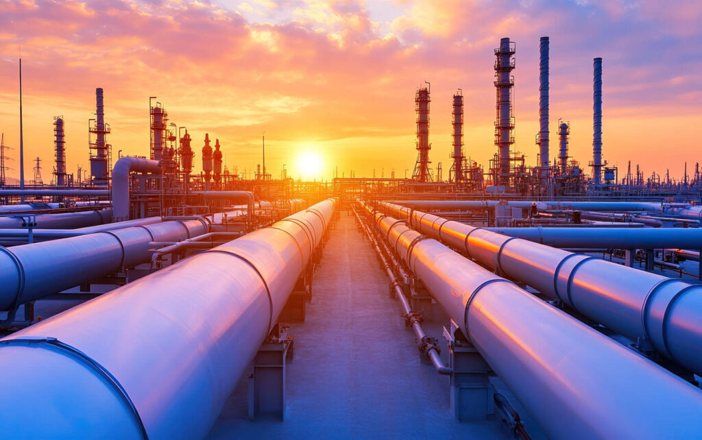 Refinery pipelines at sunset