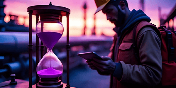 Hourglass in foreground; pipeline in background, worker on tablet