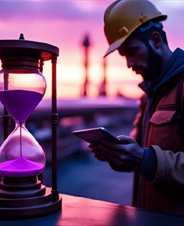 Man in hard hat with tablet out in the field with an hourglass in foreground