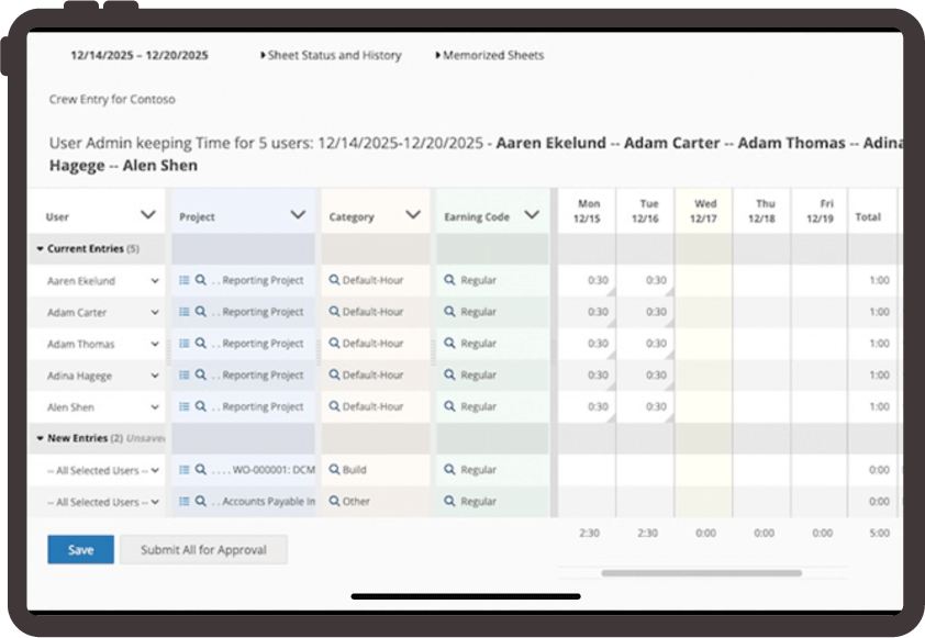 Journyx crew time entry on tablet