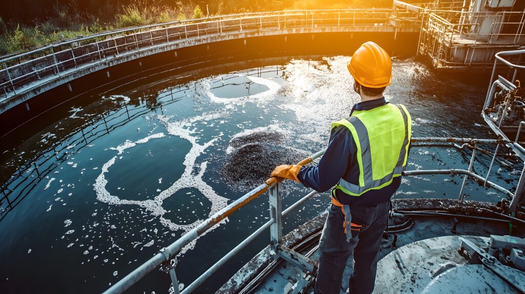 Utility Worker Inspecting Wastewater Treatment Pond with Safety Gear in Industrial Setting